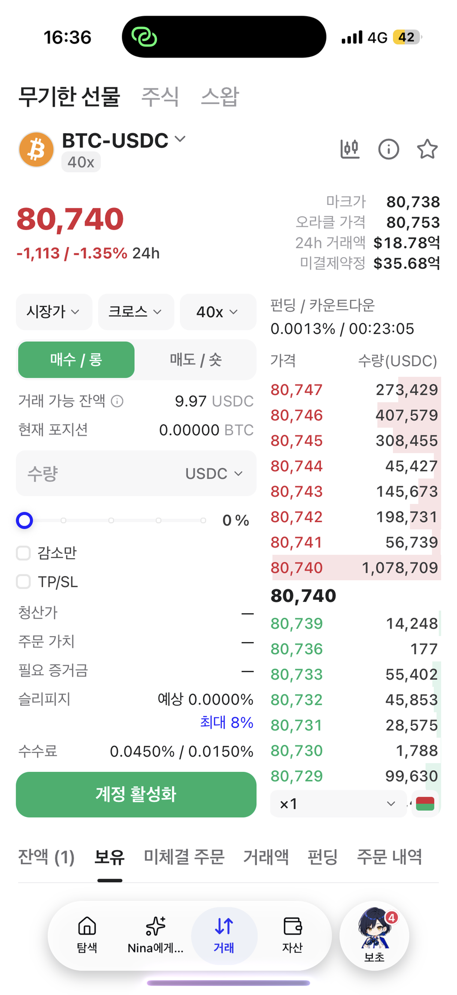 무기한 선물 주문 화면(BTC-USDC, 잔액과 포지션은 가림 처리)