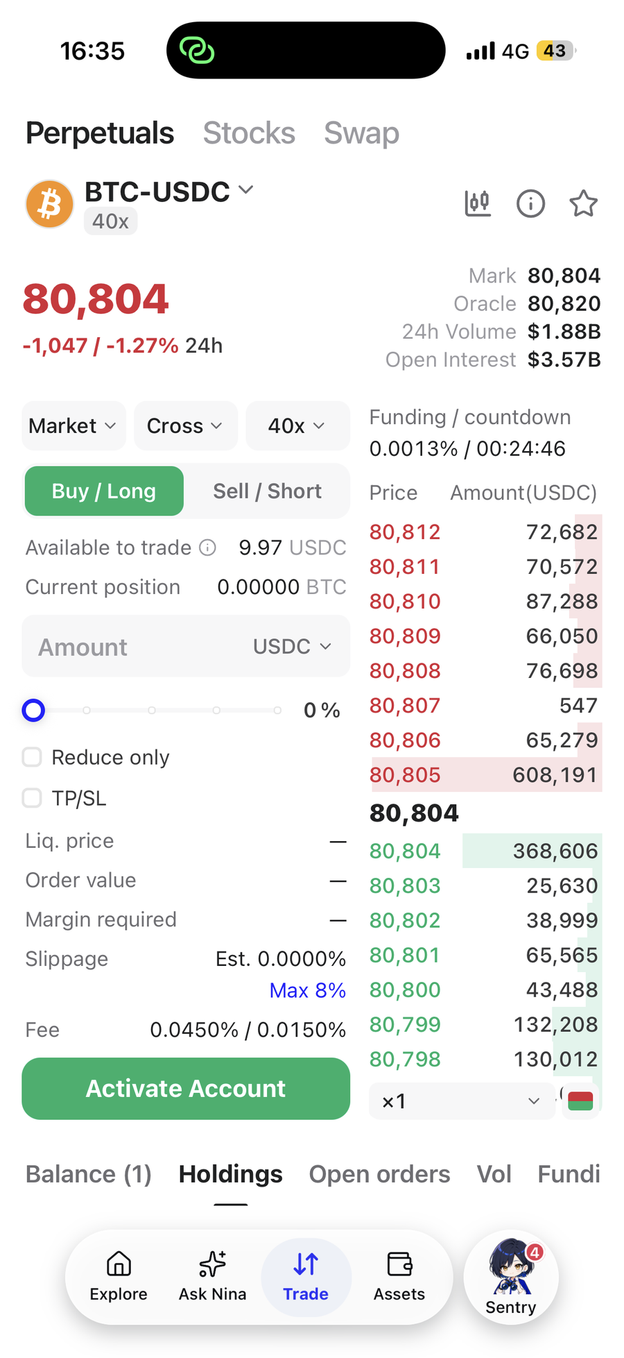 Perp order page (BTC-USDC; balance and position masked)